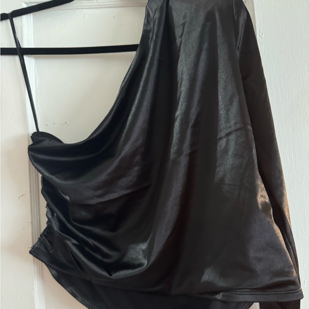 Express satin draped one padded  shoulder rouched top size XL